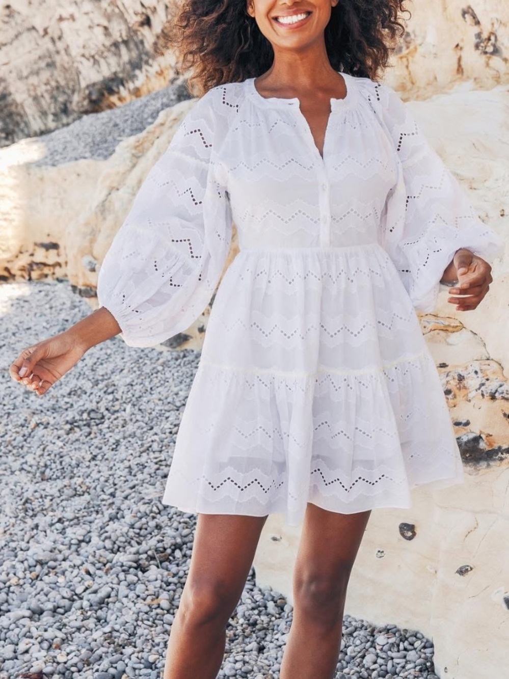 Charina Sarte Feminine White Eye Let Puff Slevees Mini Dress